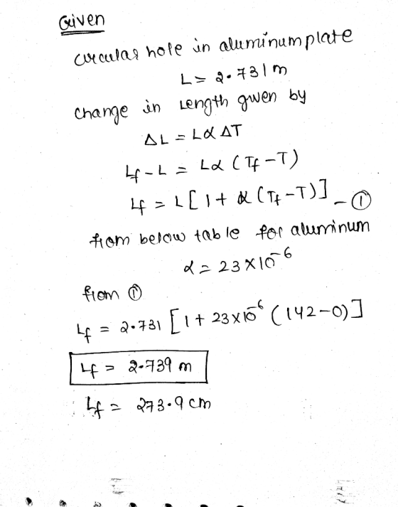 Given clecular hole in aluminum plate L=0.731m change in Length gwen by AL - LK AT 4-6=La CTF-T) 4=1[1+ x (Tt-1)] - from belo