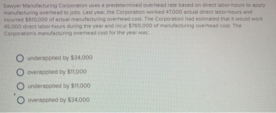 Sawyer Manufacturing Corporation uses a predetermined overhead rate based on direct labor-hours to apply manufacturing overhe
