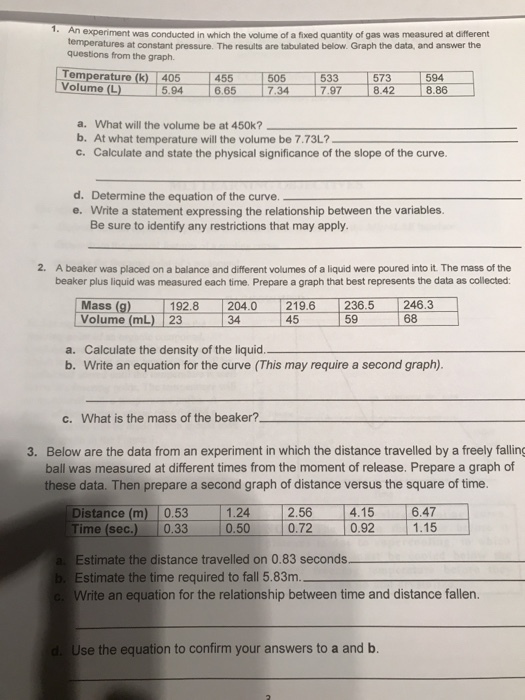 1. An experiment was conducted in which the volume of a fixed quantity of gas was measured at different temperatures at constant pressure. The results are tabulated below. Graph the data, and answer the questions from the graph. Temperature (k) 405 Volume (L 455 6.65 533 7.97 573 8.42 594 8.86 5.94 7.34 a. What will the volume be at 450k? b. At what temperature will the volume be 7.73L? c. Calculate and state the physical significance of the slope of the curve. d. Determine the equation of the curve. e. Write a statement expressing the relationship between the variables. Be sure to identify any restrictions that may apply. 2. A beaker was placed on a balance and different volumes of a liquid were poured into it. The mass of the beaker plus liquid was measured each time. Prepare a graph that best represents the data as collected Mass (g) 192.8 204.0 219.6 236.5246.3 Volume (mL) 23 34 45 59 68 a. Calculate the density of the liquid. b. Write an equation for the curve (This may require a second graph). c. What is the mass of the beaker? Below are the data from an experiment in which the distance travelled by a freely falling ball was measured at different times from the moment of release. Prepare a graph of these data. Then prepare a second graph of distance versus the square of time. 3. Distance (m) 0.531.24 2.56 4.15 6.47 Time (sec.) 0.33 0.50 0.72 0.92 1.15 a Estimate the distance travelled on 0.83 seconds b Estimate the time required to fall 5.83m. cWrite an equation for the relationship between time and distance fallen. d. Use the equation to confirm your answers to a and b