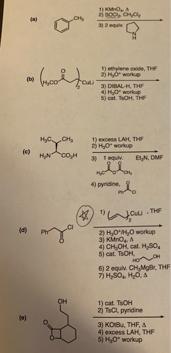 1) KMnO4, A 2) SOCI, CH2Cl2 3) 2 equiv. 1) ethylene oxide, THF 2) H3O+ workup Culi 3) DIBAL-H, THF 4) H3O+ workup 5) cat. TsO