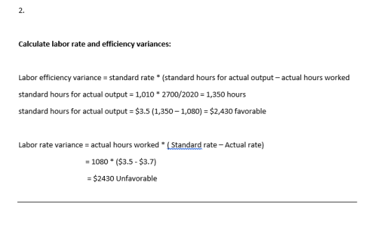 Calculate labor rate and efficiency variances: Labor efficiency variance = standard rate * (standard hours for actual output