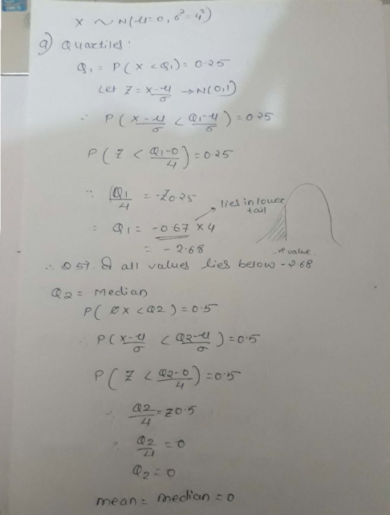 x Nero, 8-4) uartiles 9. - P ( x <$.) = 0.25 Let z = x-1 N601) P(x-4 ore) = 0.25 P(Z <0,0) = 0.25 - 01-2025 QI= -0.67 x 4 lie