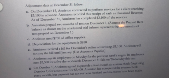 Adjustment data at December 31 follow: a. On December 15, Anniston contracted to perform services for a client receiving $3,1