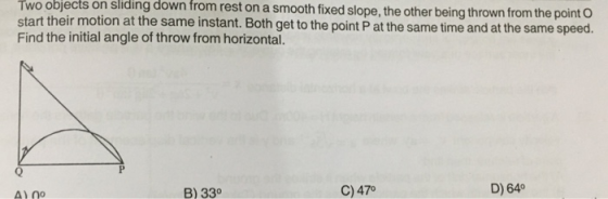 Two objects on sliding down from rest on a smooth fixed slope, the other being thrown from the point Q start their motion at the same instant. Both get to the point P at the same time and at the same speed Find the initial angle of throw from horizontal. B) 330 C) 47° D) 640 A) 00