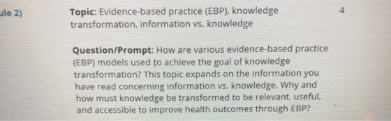ale 2) Topic: Evidence-based practice (EBP), knowledge transformation, information vs. knowledge Question/Prompt: How are var