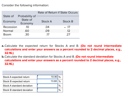 Consider the following information: Economy Rate of Return if State Occurs State of Probability of State of Stock A Stock B R