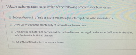 Volatile exchange rates cause which of the following problems for businesses: Sudden changes in a firms ability to compete a