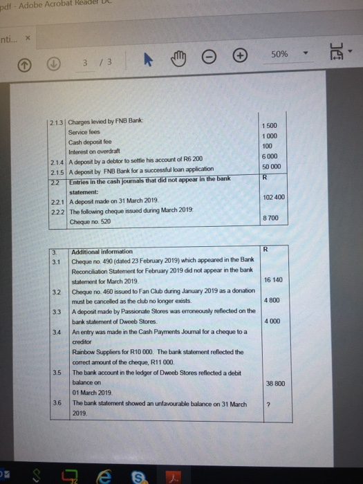 pdf - Adobe Acrobat Reader DL nti... x @ @ 3.13 Am o © 50% 1500 1 000 100 6 000 50 000 2.1.3 Charges levied by FNB Bank. Serv