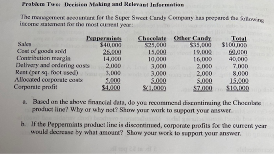 Problem Two: Decision Making and Relevant Information The management accountant for the Super Sweet Candy Company has prepare