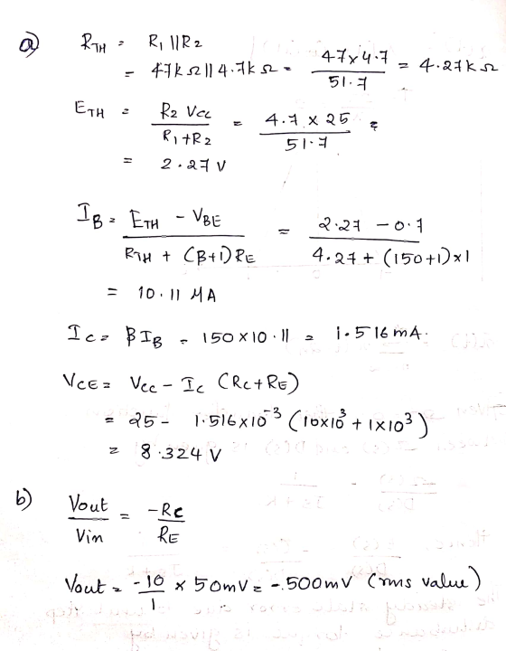 a RTH = R, 11R2 - 1 K -2 11 4.7k se 4774-7 24.27kr 51.7 ETH z R2 Ecc R1+R2 2.27 V 4.7 x 25 517 = Ig= Eth UBE 2.27 -0.1 4.27+