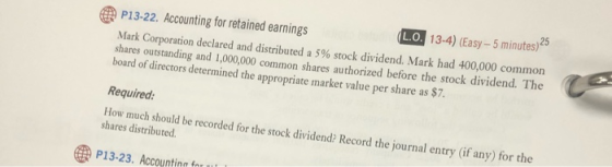 P13-22. Accounting for retained earnings L.O. 13-4) (Easy -- 5 minutes) 25 Mark Corporation declared and distributed a 5% sto