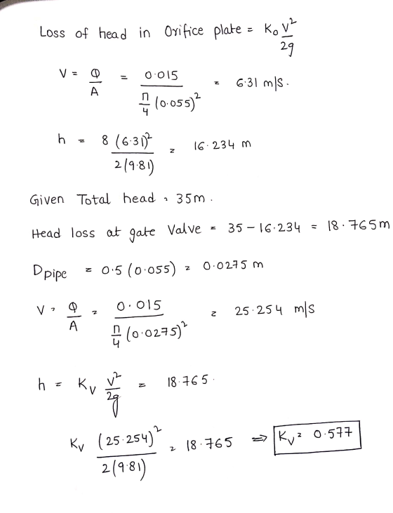 Loss of head in Orifice plate = kov 29 V= Q = 0.015 10.055) z 6:31 mis ha 8 (6:3112 , 16:234 m 219.81) Given Total head · 35m