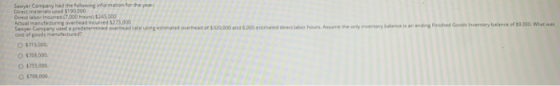 Sawyer Company had the following information for the year Direct materials used 5190.000 Direct labor incurred (7,000 hours $