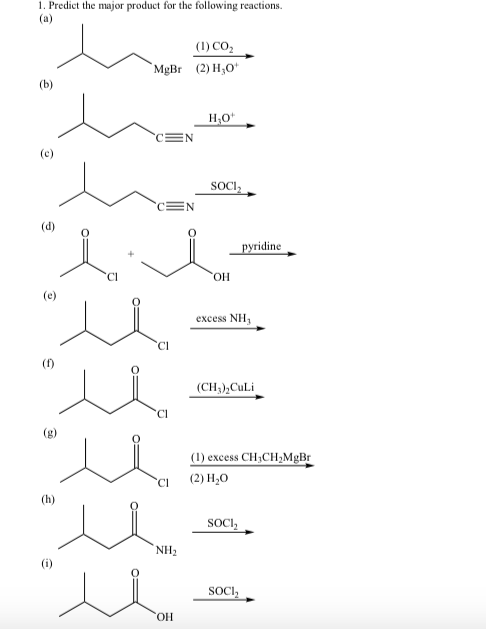 1. Predict the major produc t for the following reactions. (1) CO2 (2) Ho MgBr H,O SOCI CEN dine Cl OH excess NH Ci (CH3)2CuLi Cl (1 excess CH CH2MgBr Ci (2)H20 SOCI NH2 SOCI OH