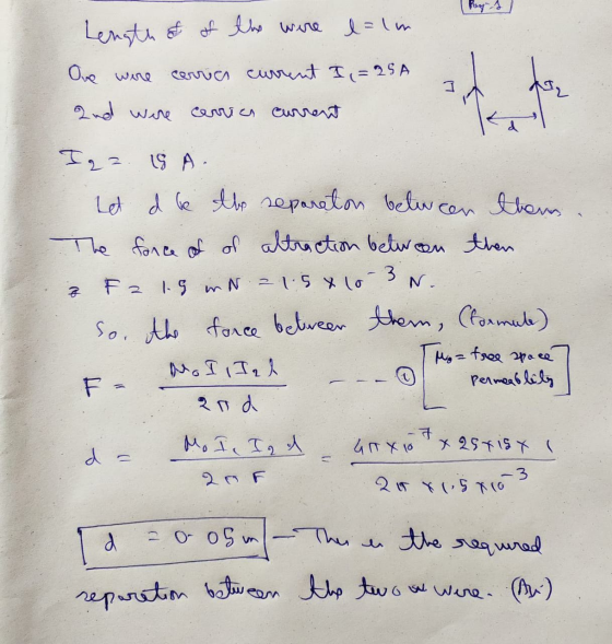 Length of of the were lalim cerrier current I = 25A Ove were 2nd were for Carrica current 2 Iq? IS A het d be the separaton b