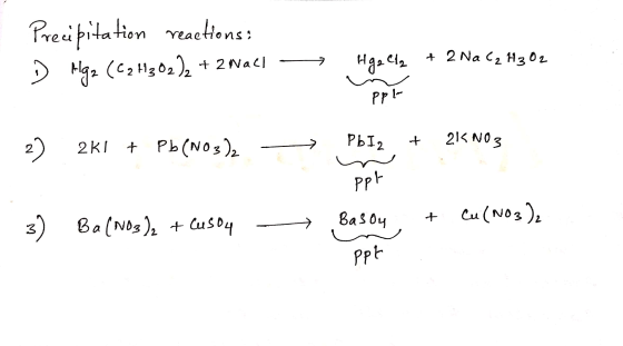 Precipitation reactions: (C₂H₂O₂) + 2Nach Hga ela + 2 Na C₂H302 Ppt 2) 261 + Pb(NO3)2 = PbI2 + 215 NO3 ppt 3) Ba(NO3)2 + Cu30
