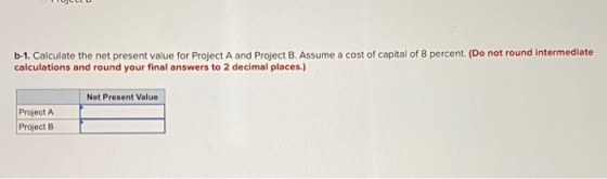 b-1. Calculate the net present value for Project A and Project B. Assume a cost of capital of 8 percent. (Do not round interm