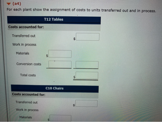 (24) For each plant show the assignment of costs to units transferred out and in process. T12 Tables Costs accounted for: Tra