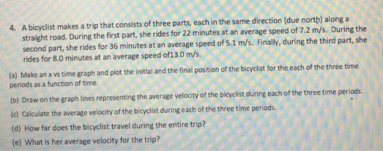 4. A bicyclist makes a trip that consists of three parts, each in the same direction (due north) along a straight road. Durin
