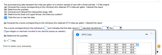 The accompanying data represent the miles per gallon of a random sample of cars with a three-cylinder, 1.0 liter engine. (a)