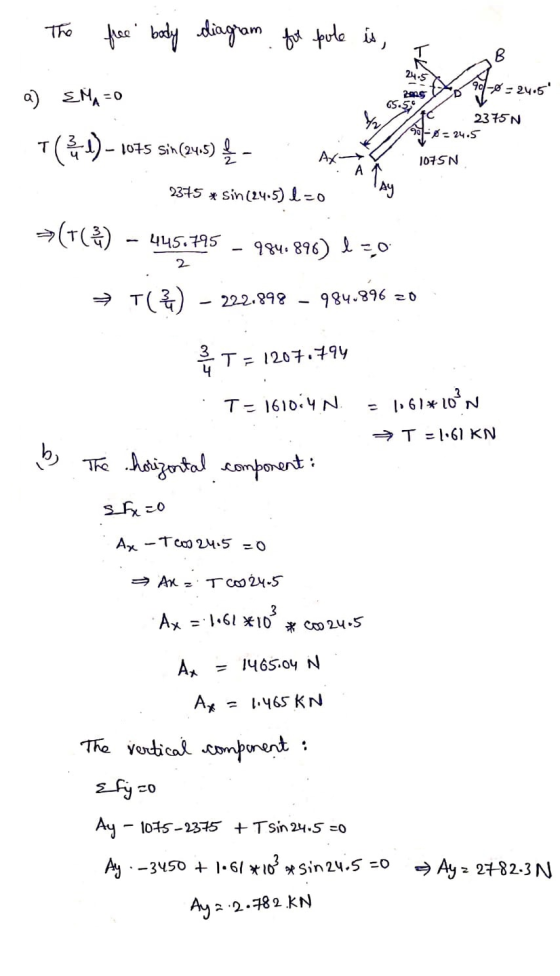 The free body diagram fot pole is, B 24.5 EMA a) -- 24.5 -O 2005 D C 2375 N 90-0 24.5 T(1). - 1075 sin(24.5) { - Ax 1075N A 2