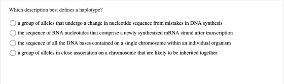 Which description best defines a haplotype? a group of alleles that undergo a change in nucleotide sequence from mistakes in