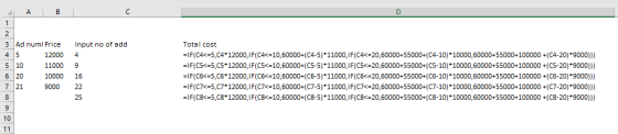 3 Ad numl Price Input no of add 4 5 5 10 11000 9 Total cost IF(CA<-5,CA 12000,IF(C4<-10,60000+(C4-5)*11000,IF(C4-20,60000+55000+(CA-10) 10000,60000+55000+100000 +(C4-20)*9000))) -F(C5c:5,C5 12000, IF (C5仁10,60000+ (C5-5). 11000, I F (C5c-20, 60000+55000+(C5-10,-10000, 60000+55000+100000 +(C5-20,- 9000m IF (C6仁5,C6 12000, IF (C6仁10,60000+(C6-5) 11000, IF (C6仁20,60000+55000+(C6-10) 10000,60000+55000+ 100000+(C6-20)9000))) IF(C7< 5,C7 12000,IF(C7< 10,60000+(C7-5)*11000,IF(C7 20,60000+55000+(C7-10) 10000,60000+55000+100000 + (C7-20)*9000))) IF(C3c:5,C8 1 2000, IF (C3c=10,60000+(C8-5) 11000, IF (C3c-20,60000+55000+(C8-10) 10000,60000+55000+ 100000+(C8-20)9000))) 12000 4 20 10000 16 9000 22 25 7 21 10