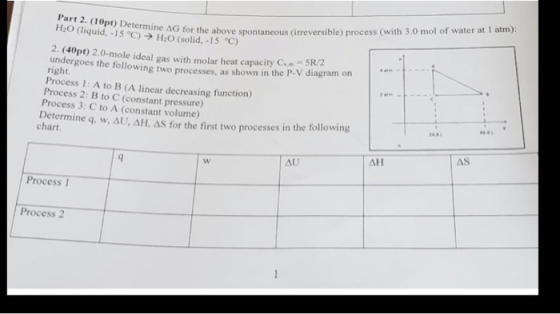 Part 2. (10pt) Determine AG for the abov H2O (liquid, -15 °C) → HO (solid, -15 °C) he AG for the above spontaneous (irreversi