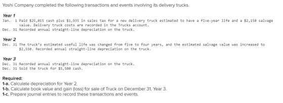 Yoshi Company completed the following transactions and events involving its delivery trucks. Year 1 Jan. 1 Paid $25,015 cash