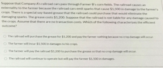 Suppose that Company As railroad cars pass through Farmer Bs corn fields. The railroad causes an externality to the farmer