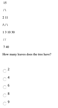 15 2 11 1 3 10 30 // 740 How many leaves does the tree have? N 4 6 8 9