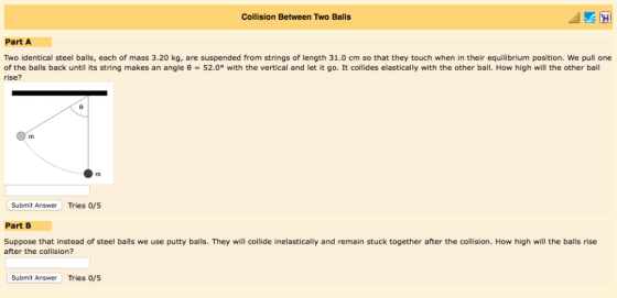 H Collision Between Two Balls Part A Two identical steel balls, each of mass 3.20 kg, are suspended from strings of length 31