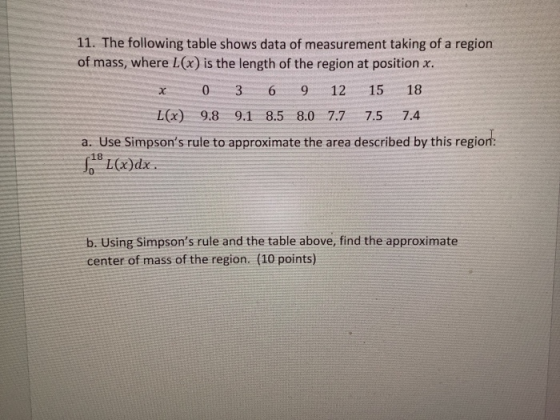 х 12 11. The following table shows data of measurement taking of a region of mass, where L(x) is the length of the region at