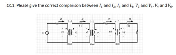 Q11. Please give the correct comparison between /1 and 12, I3 and I4, V2 and V4, V4 and V6 12 1:4 4:1 3:3 ww 10 10 V5 /1 V3 V