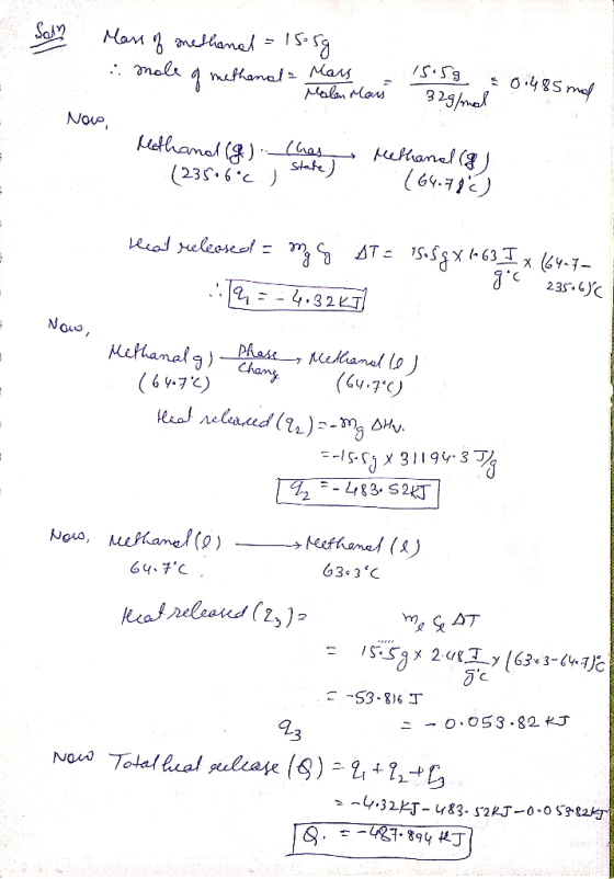 Soln Mass of methanal = 15-59 thanala Mars - Ela Moм 15.58 0:485 mol 32818 NOV, Methand (g) (235.6°c (has St State) Methanal
