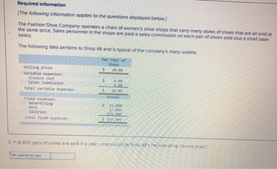 Required Information The following information applies to the questions displayed below.) The Fashion Shoe Company operates a