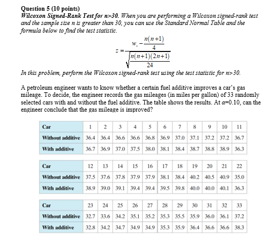 Question 5 (10 points) Wilcoxon Signed-Rank Test for n»30. When you are performing a Wilcoxon signed-rank test and the sample