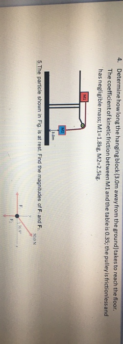 4. Determine how long the hanging block (3.0m away from the ground) takes to reach the floor. The coefficient of kinetic fric