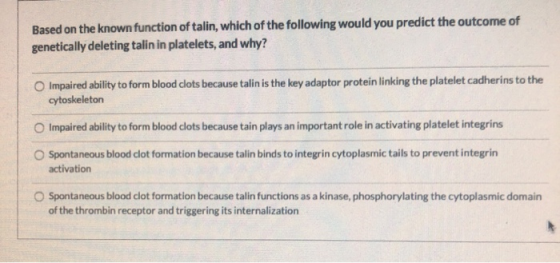 Based on the known function of talin, which of the following would you predict the outcome of genetically deleting talin in p