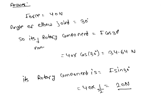 Answer. Force : YON Angle of elbow joint 30 I cos 300 so its, Rotary Component = non- c4ox Cos (30) = 34.64 N its Rotary Rota