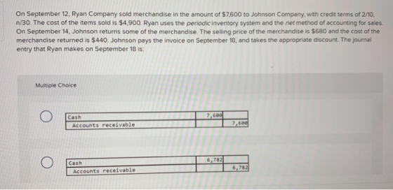 On September 12, Ryan Company sold merchandise in the amount of $7.600 to Johnson Company, with credit terms of 2/10, n/30. T