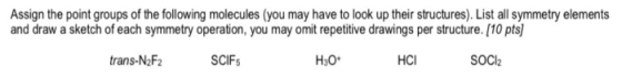Assign the point groups of the following molecules (you may have to look up their structures). List all symmetry elements and