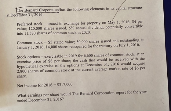 The Bernard Corporation has the following elements in its capital structure at December 31, 2016: Preferred stock - issued in
