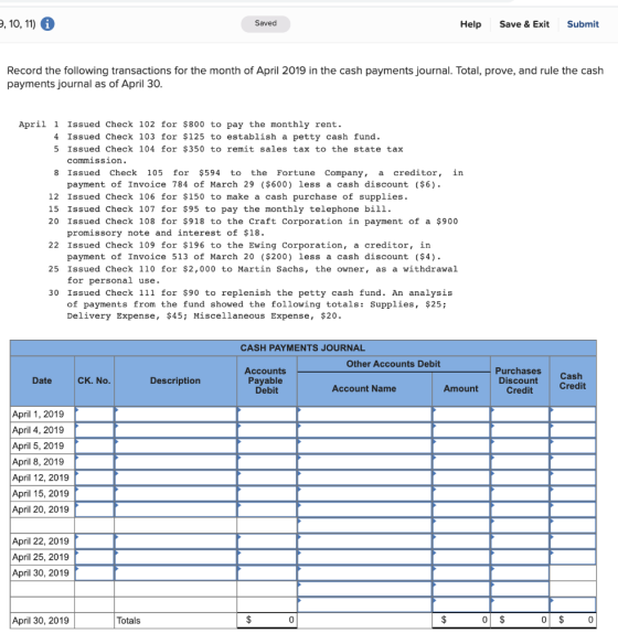 2, 10, 11) Saved Help Save & Exit Submit Record the following transactions for the month of April 2019 in the cash payments j