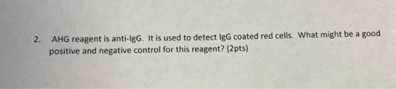 2. AHG reagent is anti-IgG. It is used to detect IgG coated red cells. What might be a good positive and negative control for