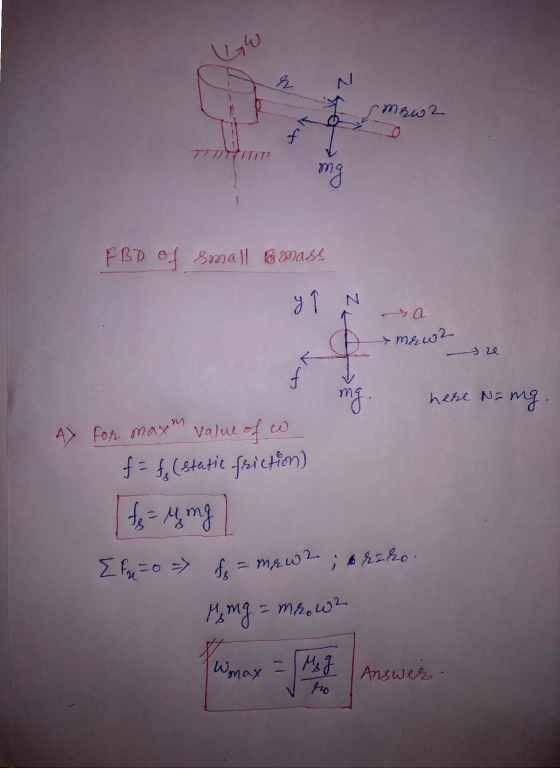 Uw Mawa 7711TYTTITI mg FBD of small mass y 7 N omrwa re here Nang AX for maxim value of w f = f (static friction) fe= M img]
