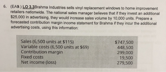 6. (EA9.) LO 3.3Brahma Industries sells vinyl replacement windows to home improvement retailers nationwide. The national sale