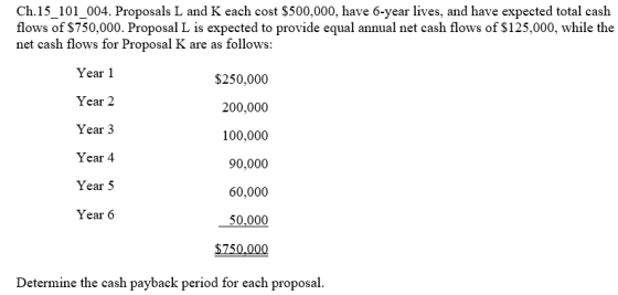 Ch.15_101_004. Proposals L and K each cost $500,000, have 6-year lives, and have expected total cash flows of $750,000. Propo