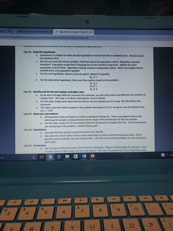 eport )LE hitz: Lab #9: Hypot), D Hypothesis Testing in 5 Steps (2) Step #1: State the hypotheses Sometimes it is helpful to