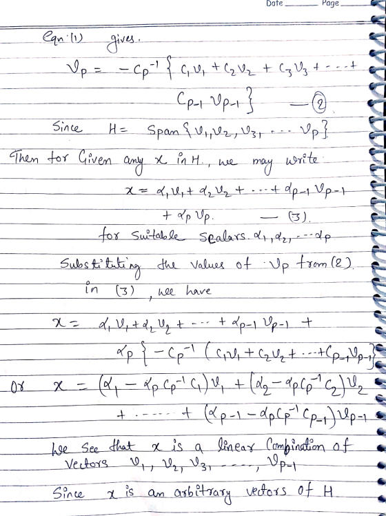 Date Page -t & @ Since eqnili gives. Up = -cp-1 fc u + C V₂ + (z Uz + Cp.. Up-1} H= Span {U2, U3 Up} Then for Given any x in
